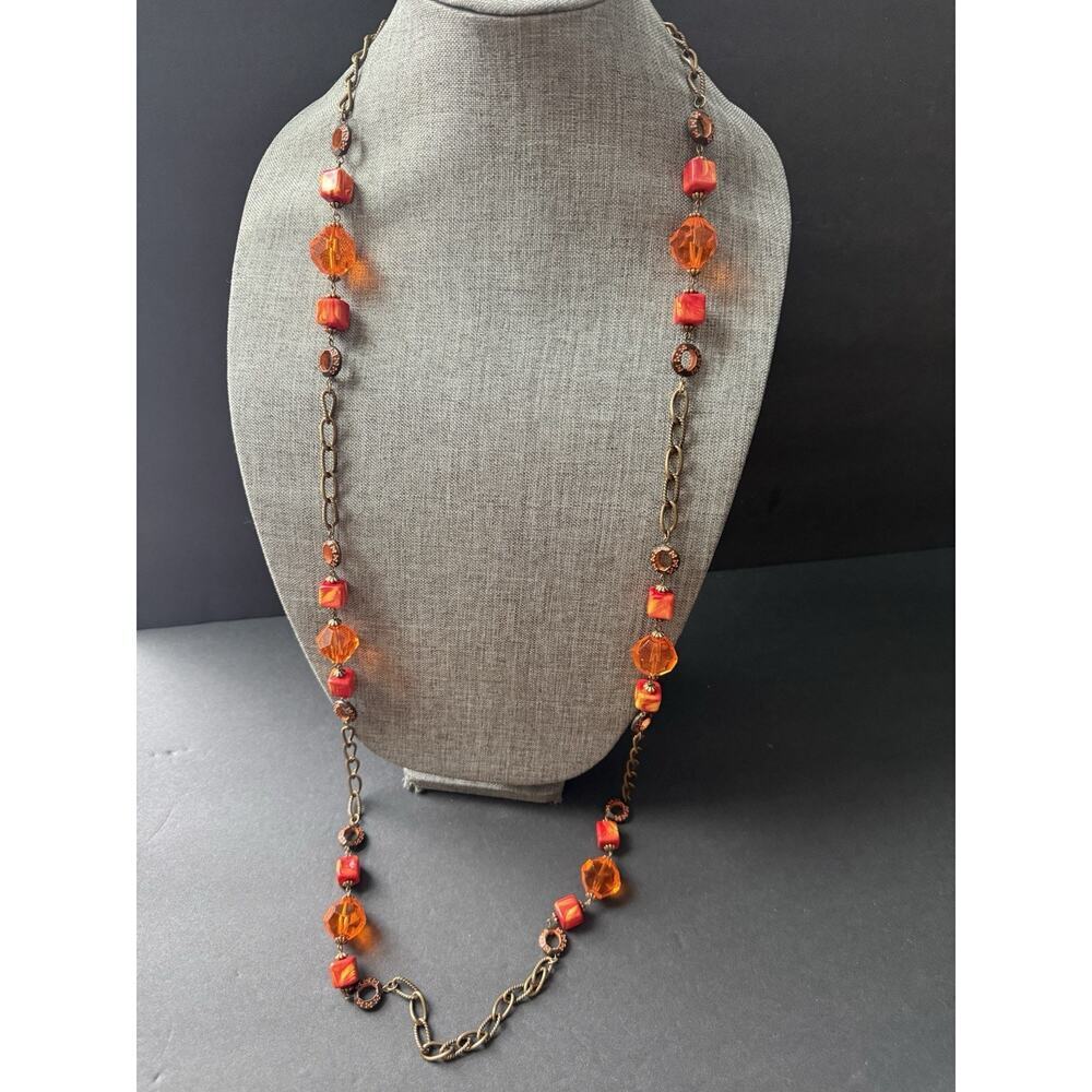 Hatie Carnegie Vintage Lucite Necklace Bronze Tone Chain Long Orange Retro Artsy